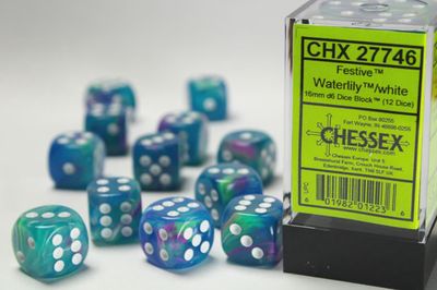 Chessex - Signature 16mm d6 (12 Dice) Festive Waterlily/white