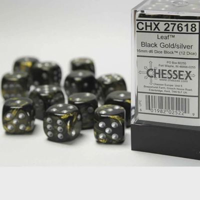 Chessex Leaf Black/Gold with Silver Set of 12 d6 Dice