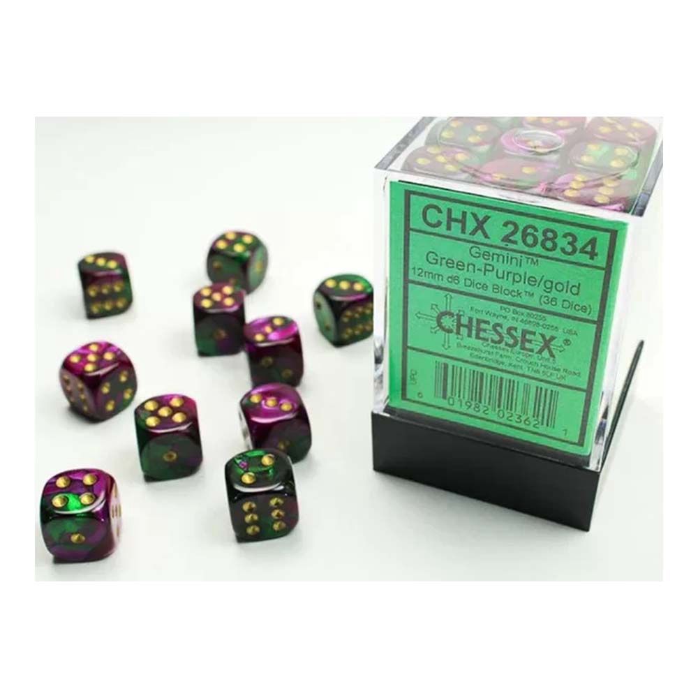 Chessex-Gemini 12mm d6(36 Dice) Green-Purple/Gold