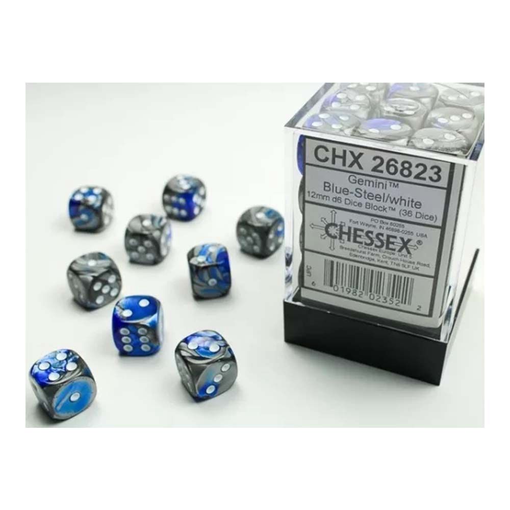 Chessex – Gemini 12mm d6(36 Dice) Blue-Steel/white