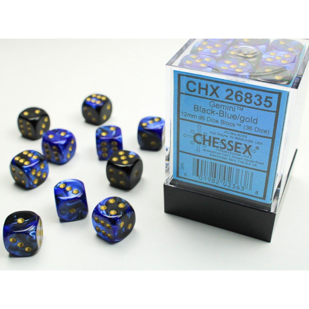 Chessex – Gemini 12mm d6 (36 Dice) Black-Blue/Gold