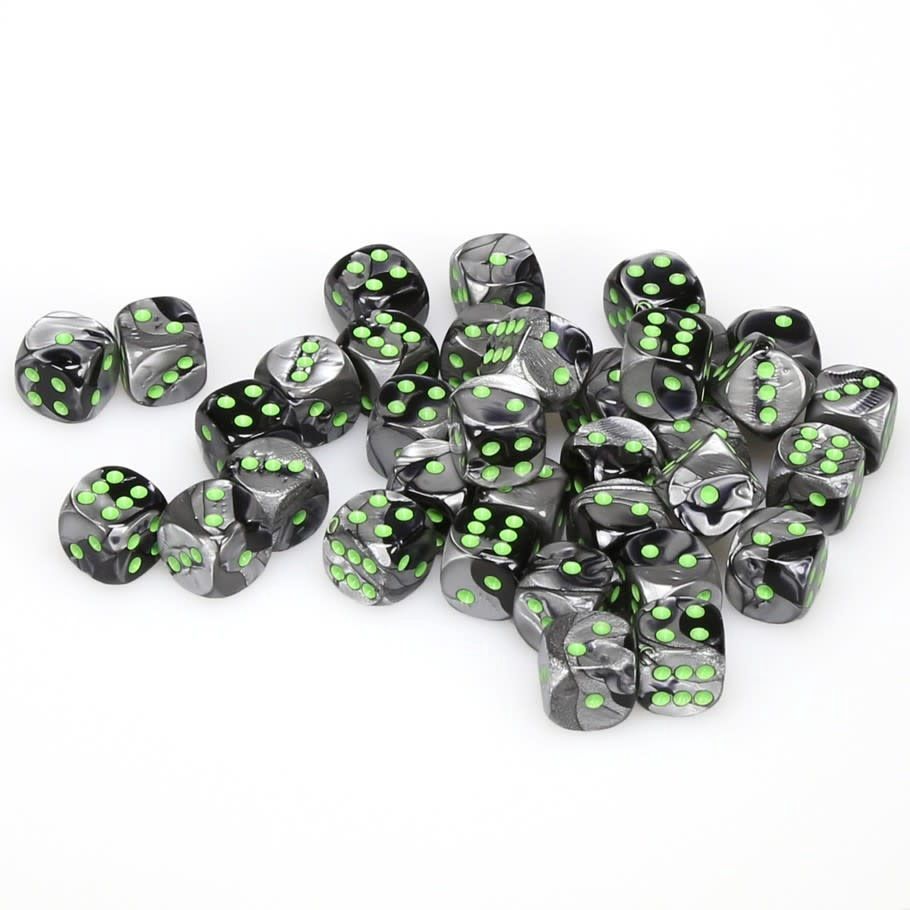 Chessex Gemini Black-Grey/Green 12mm D6 Dice (36 dice)