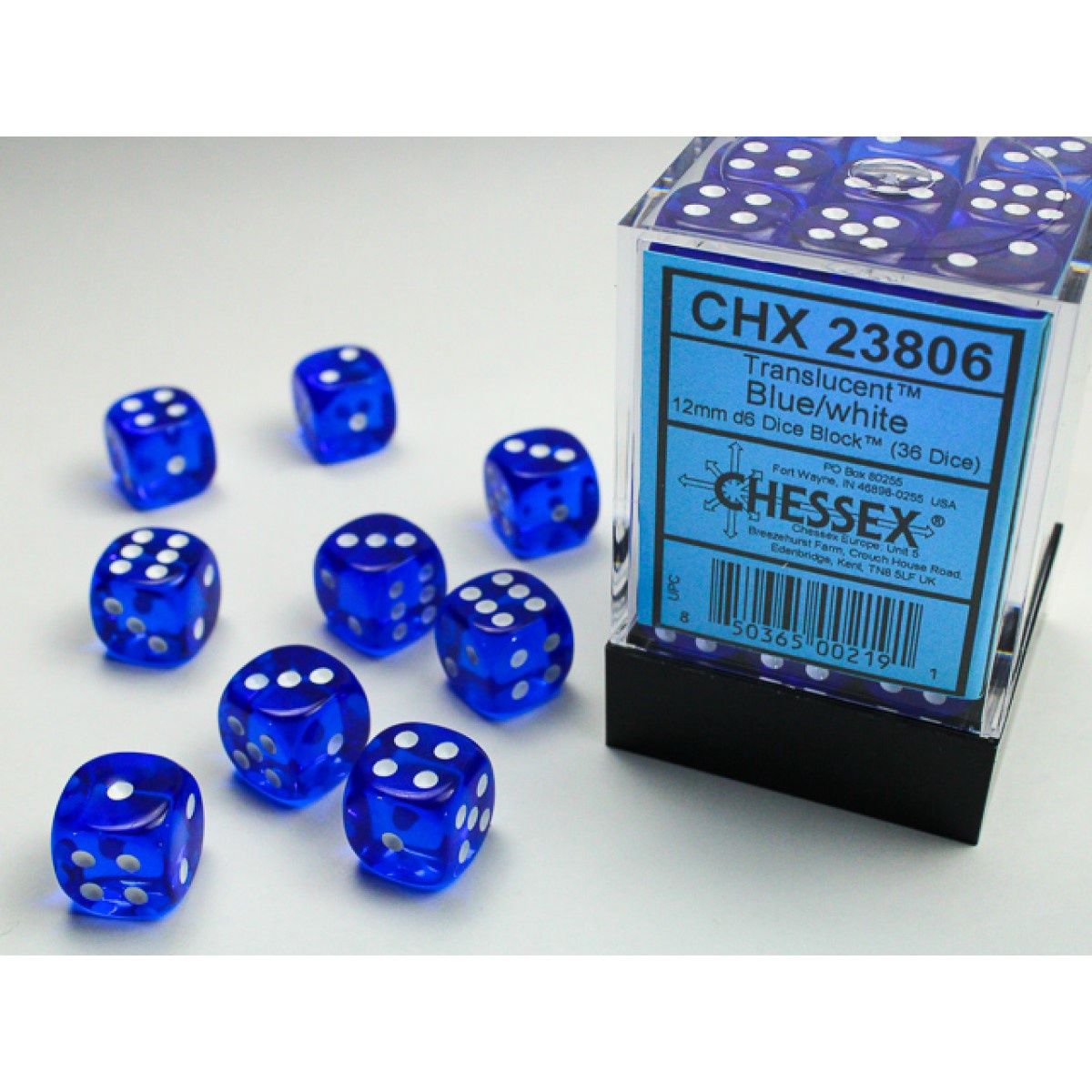 Chessex – Translucent 12mm d6 (36 Dice) Blue/White