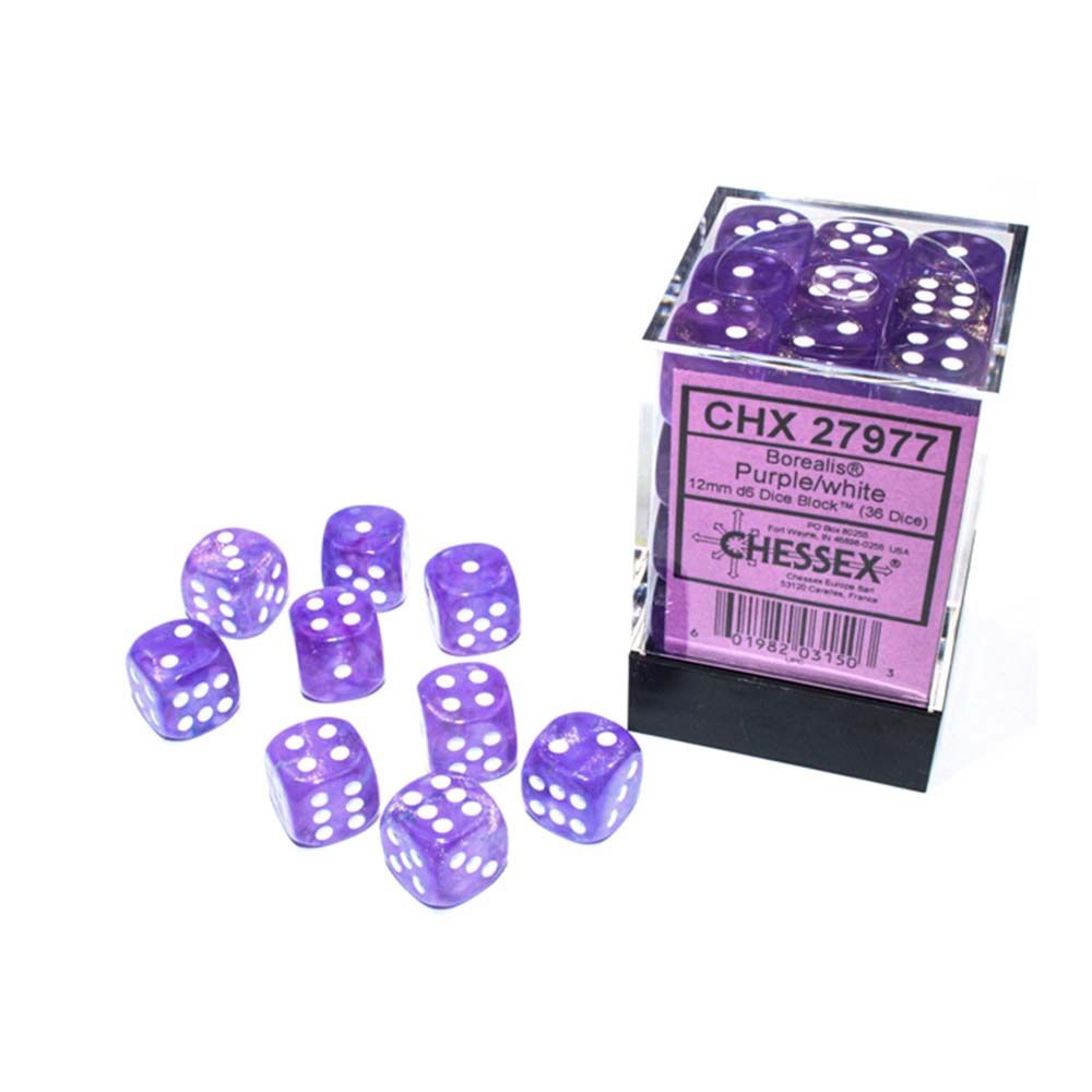 Chessex 27977 Borealis 12mm d6 Purple/white Luminary Block (36)