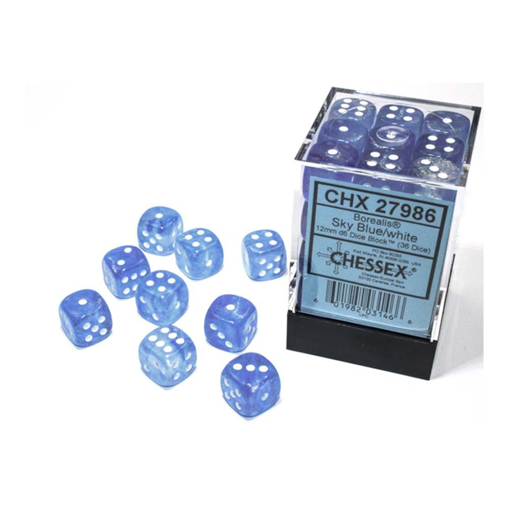 Chessex – Borealis® 12mm d6 Sky Blue/white Luminary™ Dice Block (36 dice)