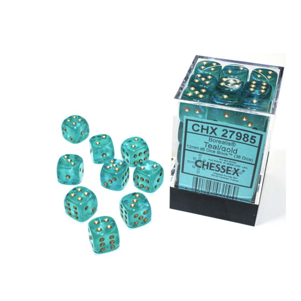 Chessex – Borealis® 12mm d6 Teal/gold Luminary™ Dice Block (36 dice)