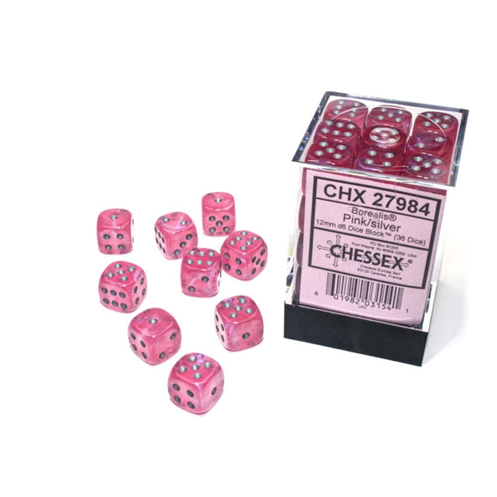 Chessex – Borealis® 12mm d6 Pink/silver Luminary™ Dice Block (36 dice)