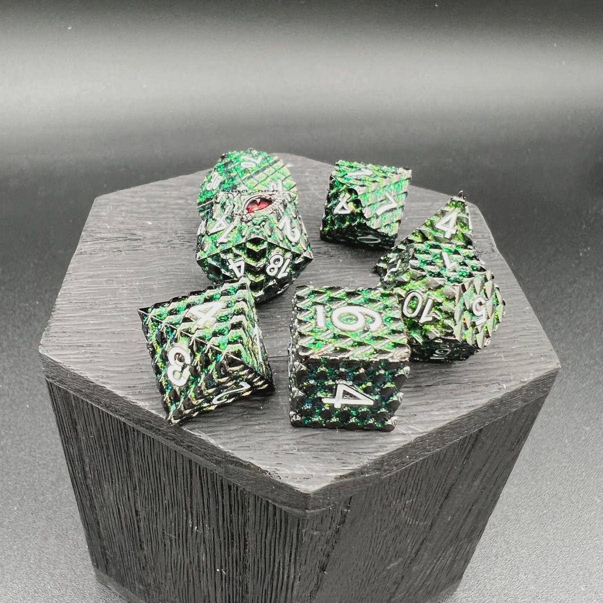 Green Glitter Dragon Scale Dice (Metal Dice)