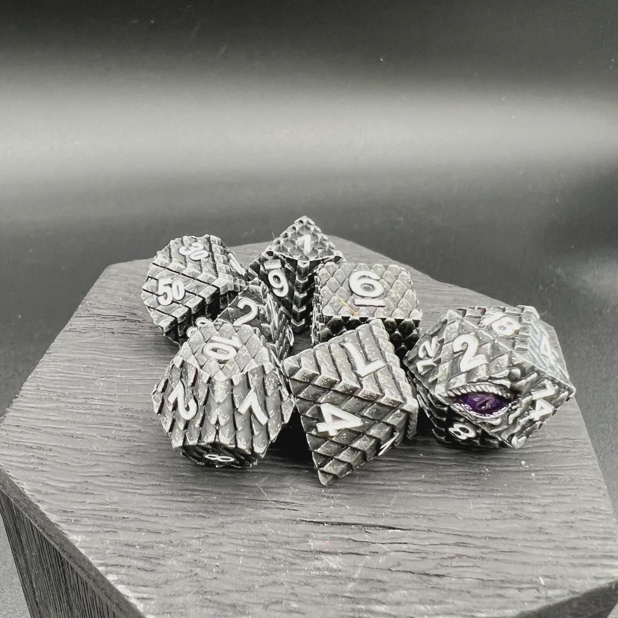 Gunmetal and White Dragon Scale Dice (Metal Dice)