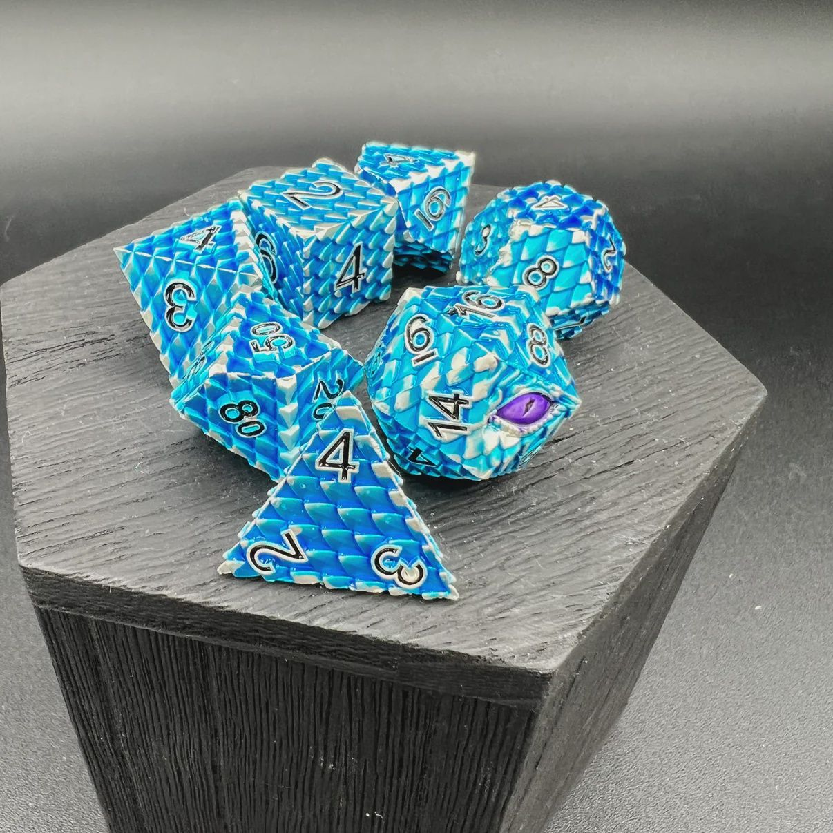 Blue and Silver Dragon Scale Dice (Metal Dice)