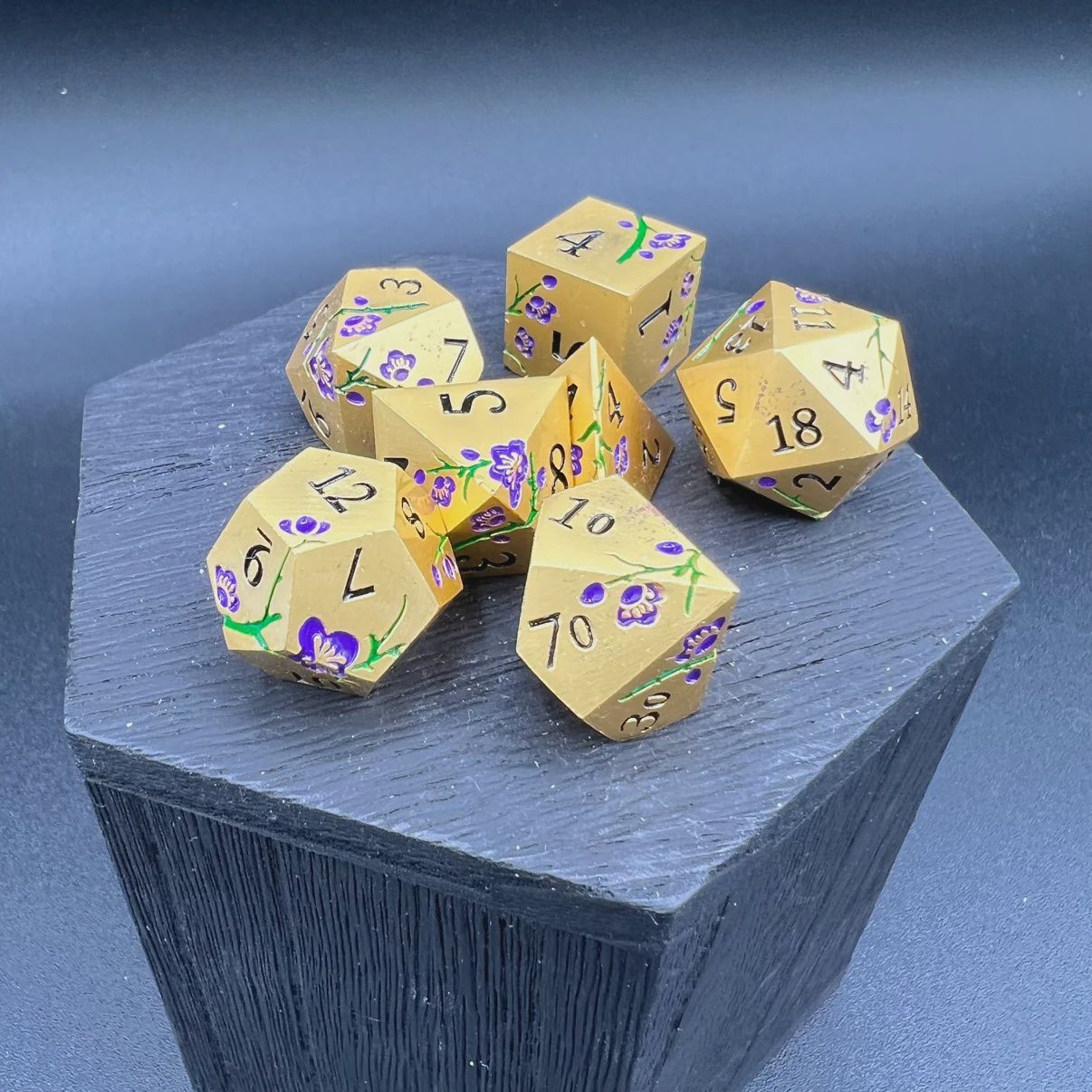 Gold and Purple Plum Blossom Dice (Metal Dice)