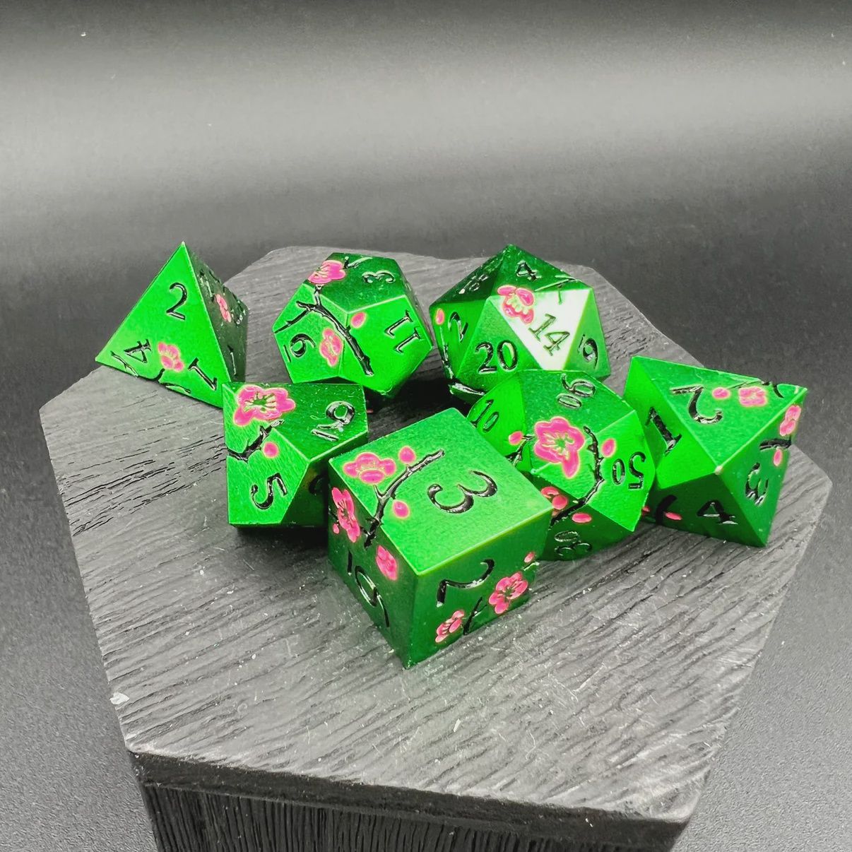 Green and Pink Plum Blossom Dice (Metal Dice)