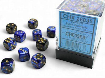 Chessex – Gemini 12mm d6 (36 Dice) Black-Blue/Gold