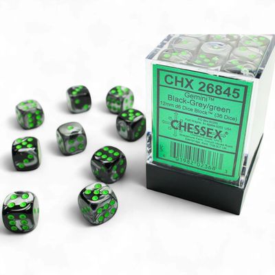 Chessex Gemini Black-Grey/Green 12mm D6 Dice (36 dice)
