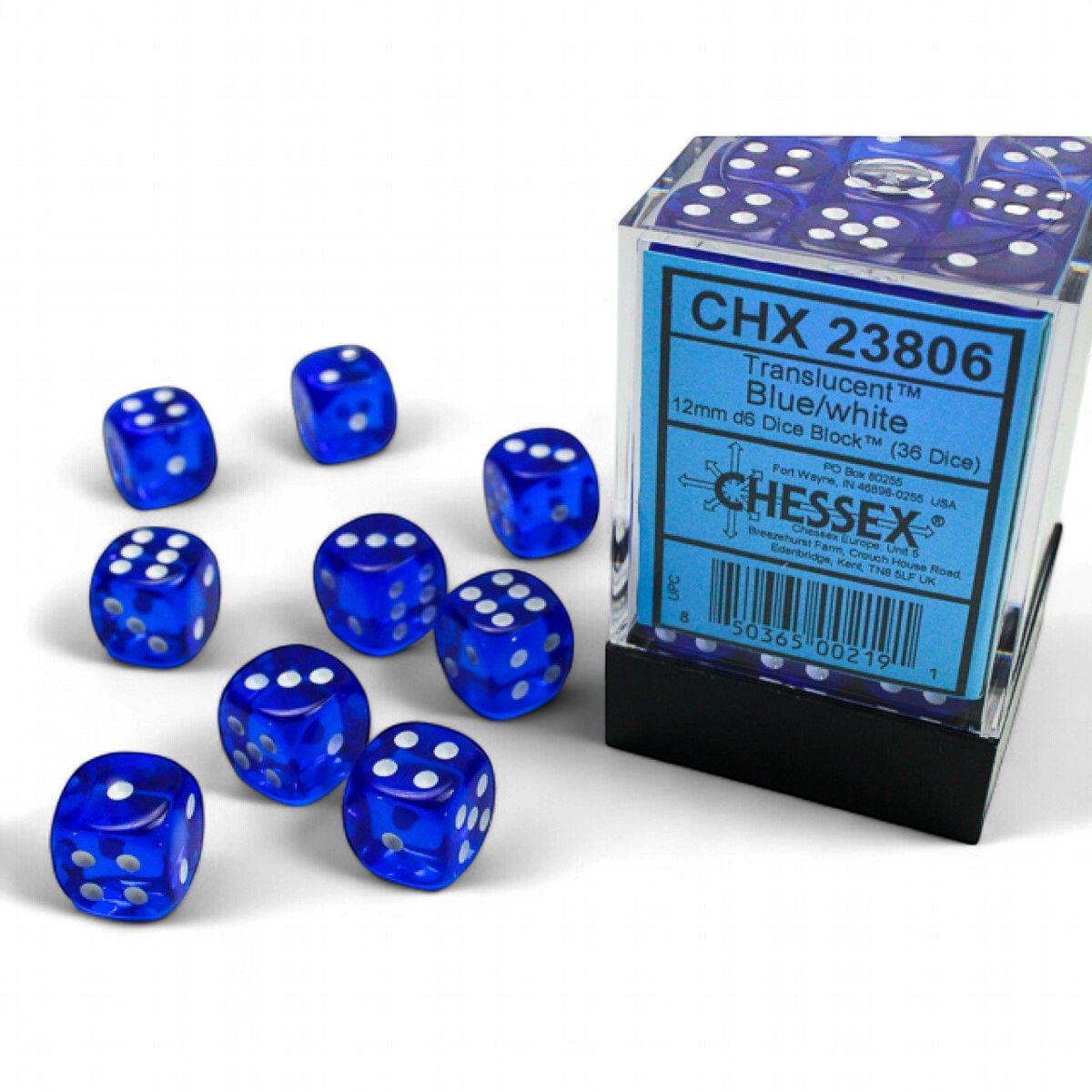 CHX 23806 Translucent 12mm d6 Blue/White Block (36)