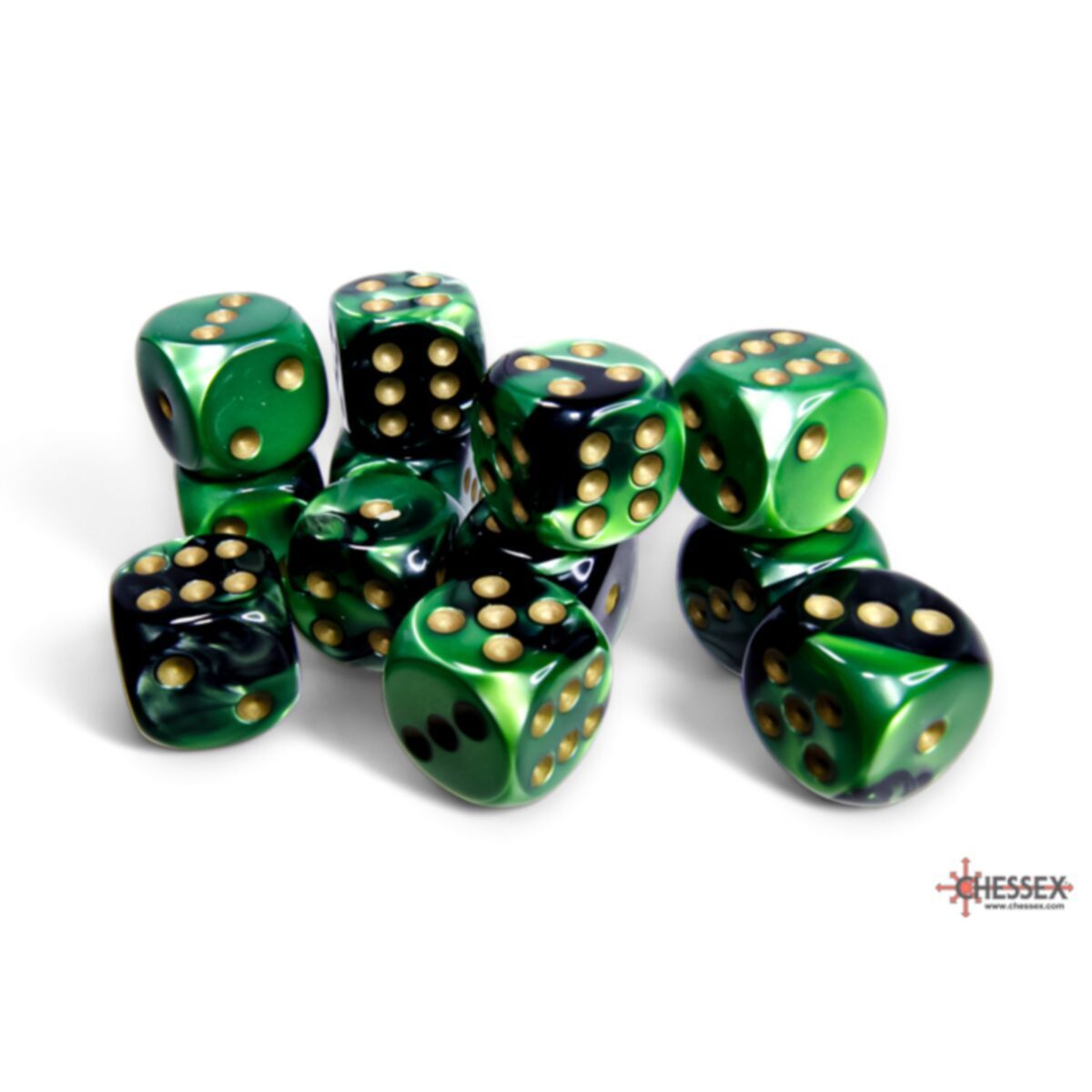 Chessex Gemini Black-Green/gold 16mm d6 Dice Block (12 dice)