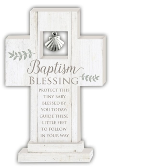 SC111-BAPTISM BLESSING 6&quot; STANDING CROSS W/SHELL CHARM GIFT BOXED