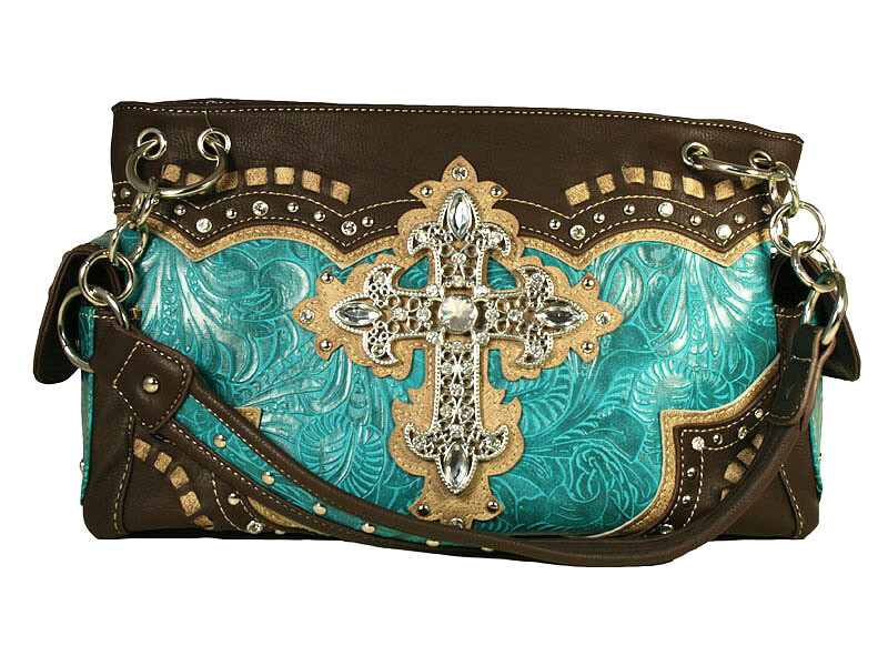 Fashion Conceal Carry Purse Cross Turquoise/Brown