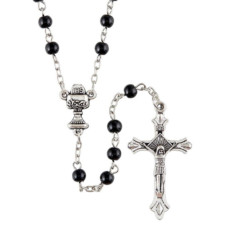 J5605 First Communion Black Glass Pearl Rosary