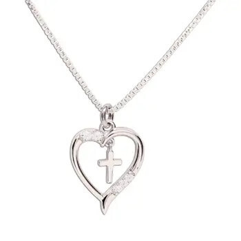 BCN Dancing Cross Heart 14&quot; Sterling Silver Necklace