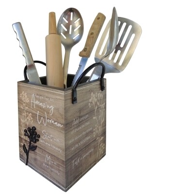UH109-Amazing Woman Utensil Holder W/Floral Accent &amp; Metal Handls