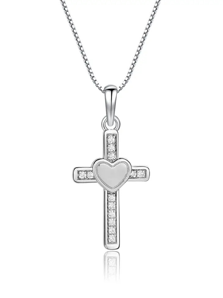 BCN-01-S-Heart-16-18-Sterling Silver Girls Cross Heart Necklace