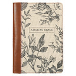 JL591 - Amazing Grace Natural Canvas and Honey-brown Faux Leather Journal with Zipper Closure - 2 Corinthians 12:9