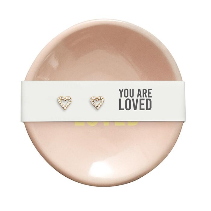 Ring Dish &amp; Earrings-You Are Loved-Hearts/Pink (3&quot;D)Earring: Gold Plated Copper, CZ