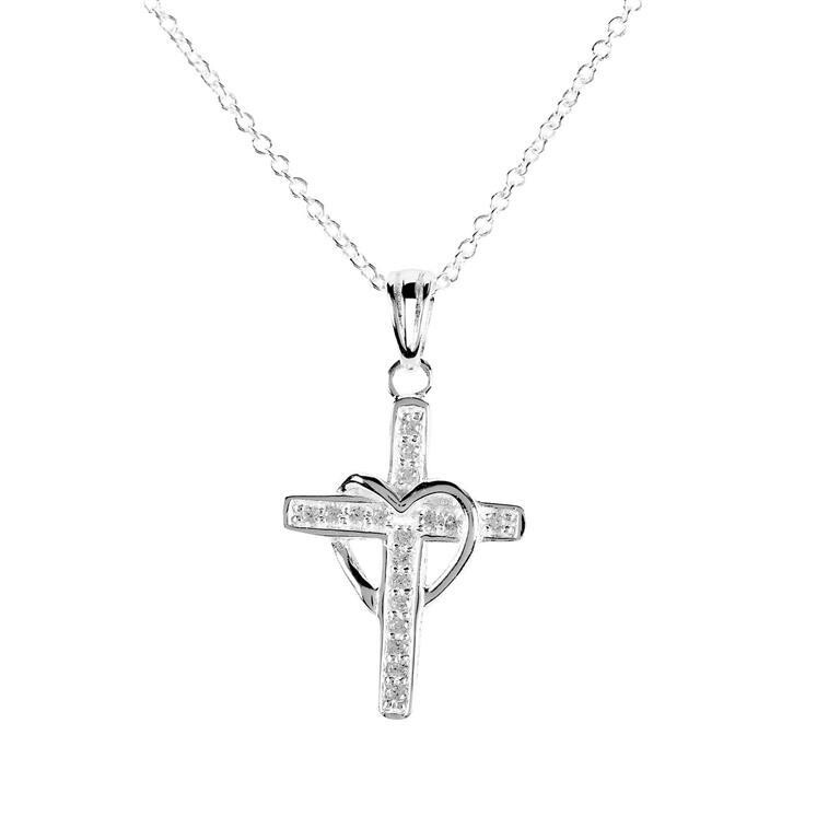 73-8042P CZ CROSS DRAPED HEART 18&quot; CHAIN