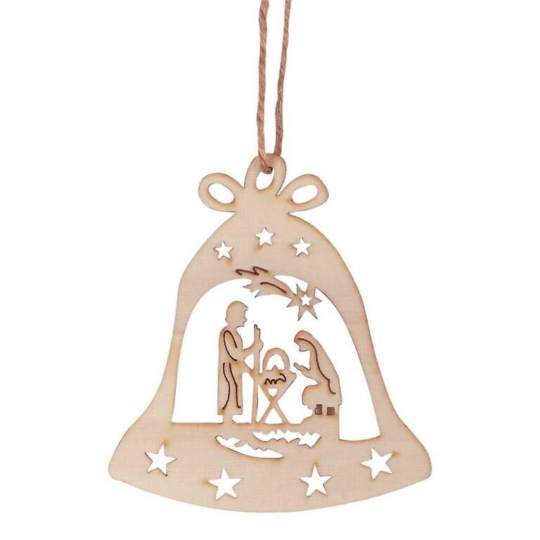 CHO-2189-ORNA BELL W/HOLY FAMILY WOOD 4&quot;H