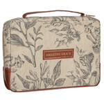BBL782 Bible Cover-Fashion Cream/Brown Floral Amazing Grace 2 Cor. 12:9-LRG