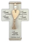 CR123 LOVE IS PATIENT FABRC CROSS W/ BEADS, HEART, EASEL &amp; HANGER