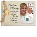 MF337B BAPTISM FABRIC FRAME W/BLUE &amp; NAT BEADS,CROSS,EASEL &amp; HANGER