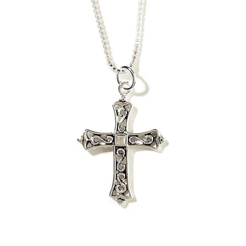 Open scrollwork filigree design cross w/ cubic zirconia
