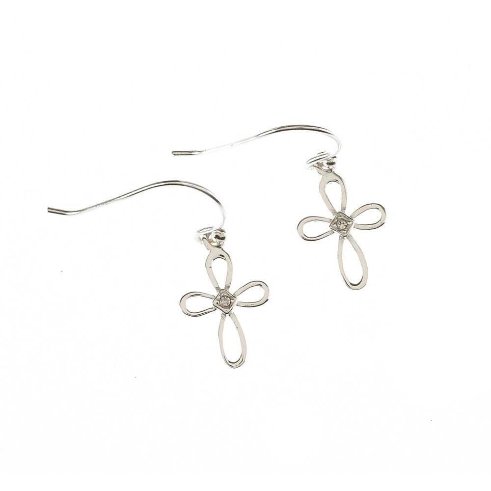 73-3033P Silver Plated Petal Cross Earrings with CZ on Sterling Silver Wires