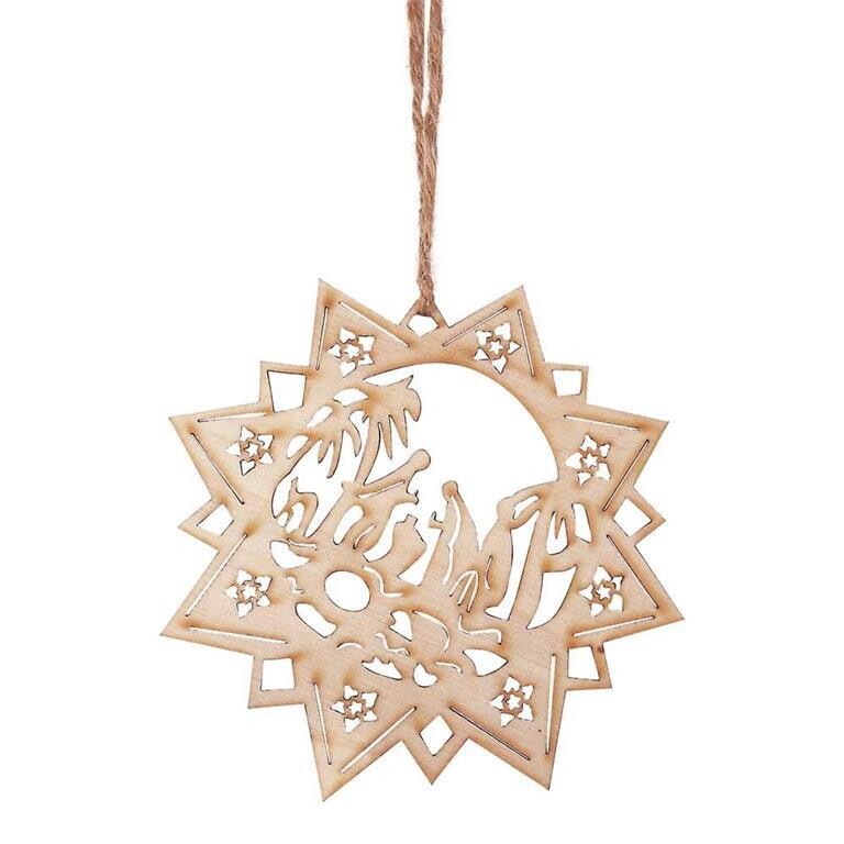CHO-2183-ORNA STAR W/HOLY FAMILY WOOD 3.875&quot; TREE
