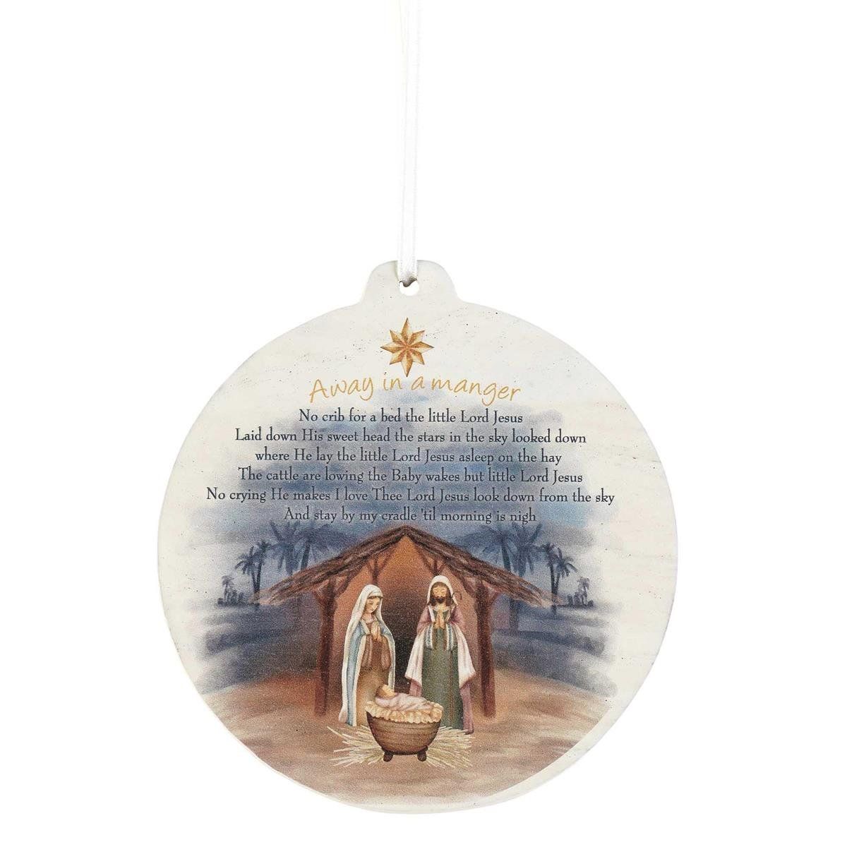 CHOW-1025-WOOD ORNAMENT AWAY IN A MANGER WHITE