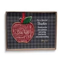 GOLD TEACHER APPLE ARTMTL ORN ON RED RIBBON GIFT BOXED