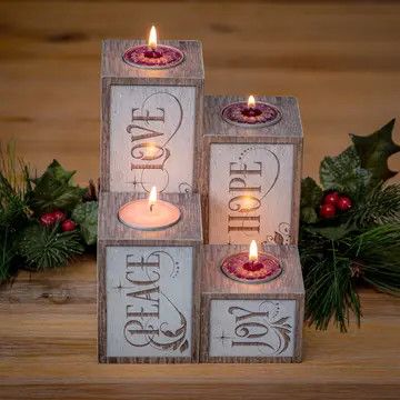 LOVE HOPE PEACE JOY PILLAR ADVENT SET W/TEA LIGHTS BOXED