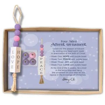 Hope Joy Love Peace Advent Ornament w/ pink &amp; purple beads