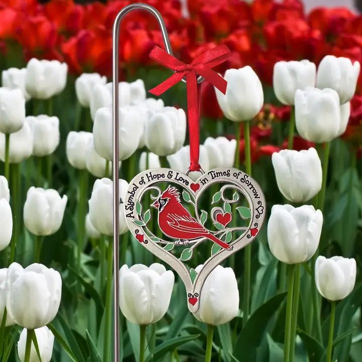 Hope &amp; Love Cardinal Garden Stake on Red Ribbon