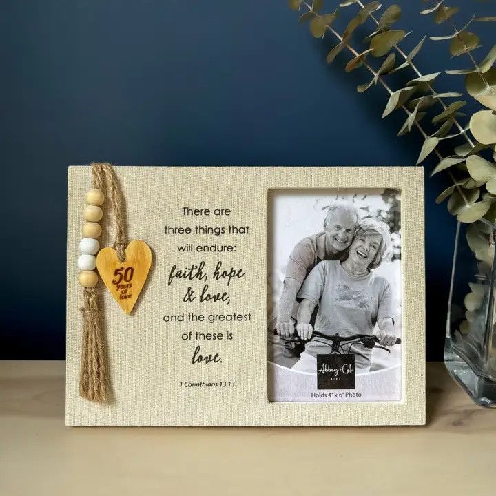 Fabric Anniversary Frame w/ beads, heart, easel and hanger -50 Years