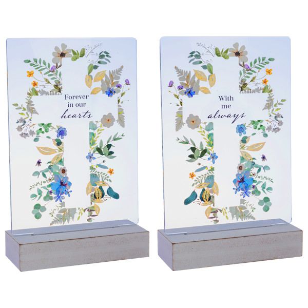 LED Light Up Cross Bereavement Message Tabletop Figurine