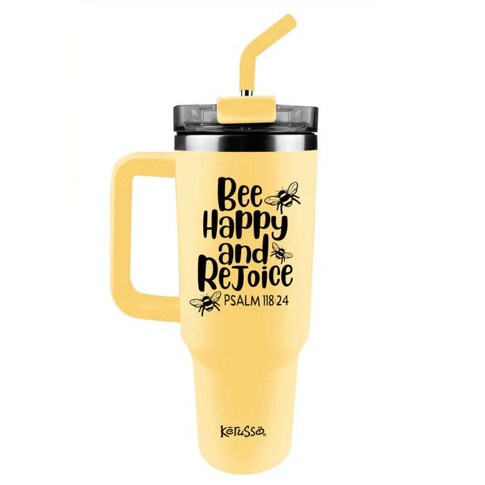 40 oz. Dual Wall Stainless Steel Mug with Straw - Bee Happy and Rejoice