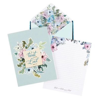 WPST226-Trust in the LORD Blue Floral Writing Paper and Envelope Set - Proverbs 3:5