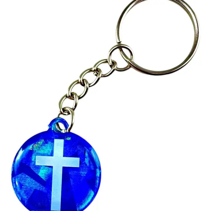 Tap To Pray - Prayer Tag Keychains - Blue Crystal + Cross