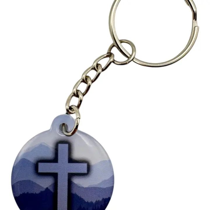 Tap To Pray - Prayer Tag Keychains - Blue Mountains + Cross