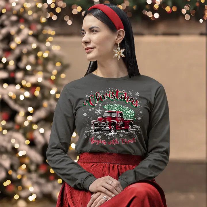 Kerusso Christmas Long Sleeve T-Shirt Christmas Tree Truck-Small