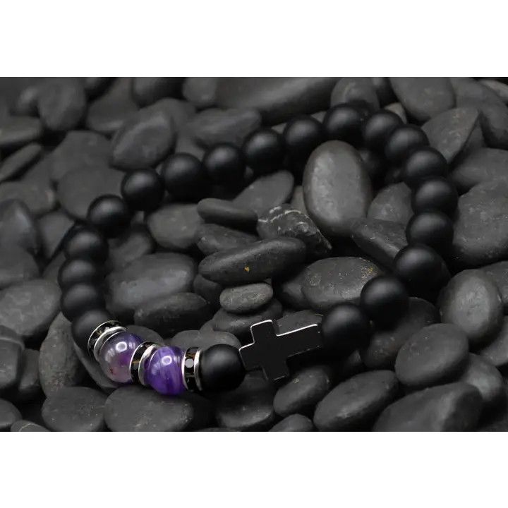 Cross Blk Bead/Amethyst Bracelet - Eden Merry Bracelet