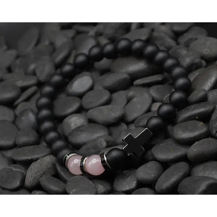 Cross Blk Bead/Rose Quartz Bracelet - Eden Merry Bracelet